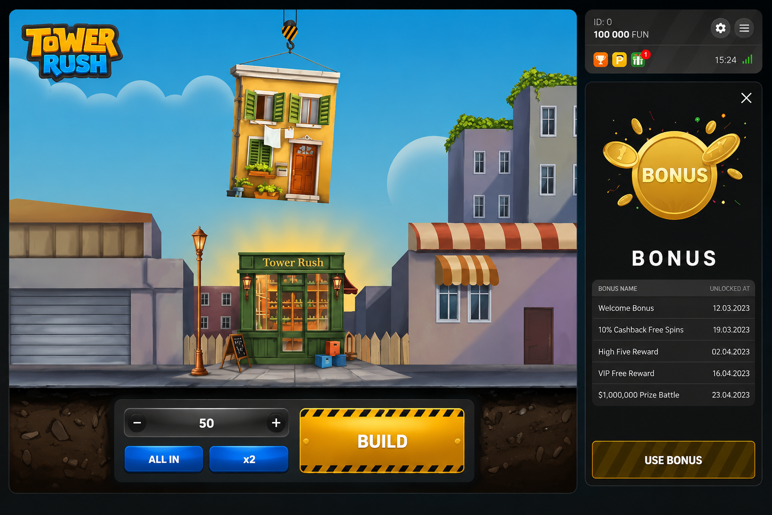 Tower Rush welcome bonus comparison — 1win +500%, Granawin +150%, Mostbet +125%, 20bet +100%